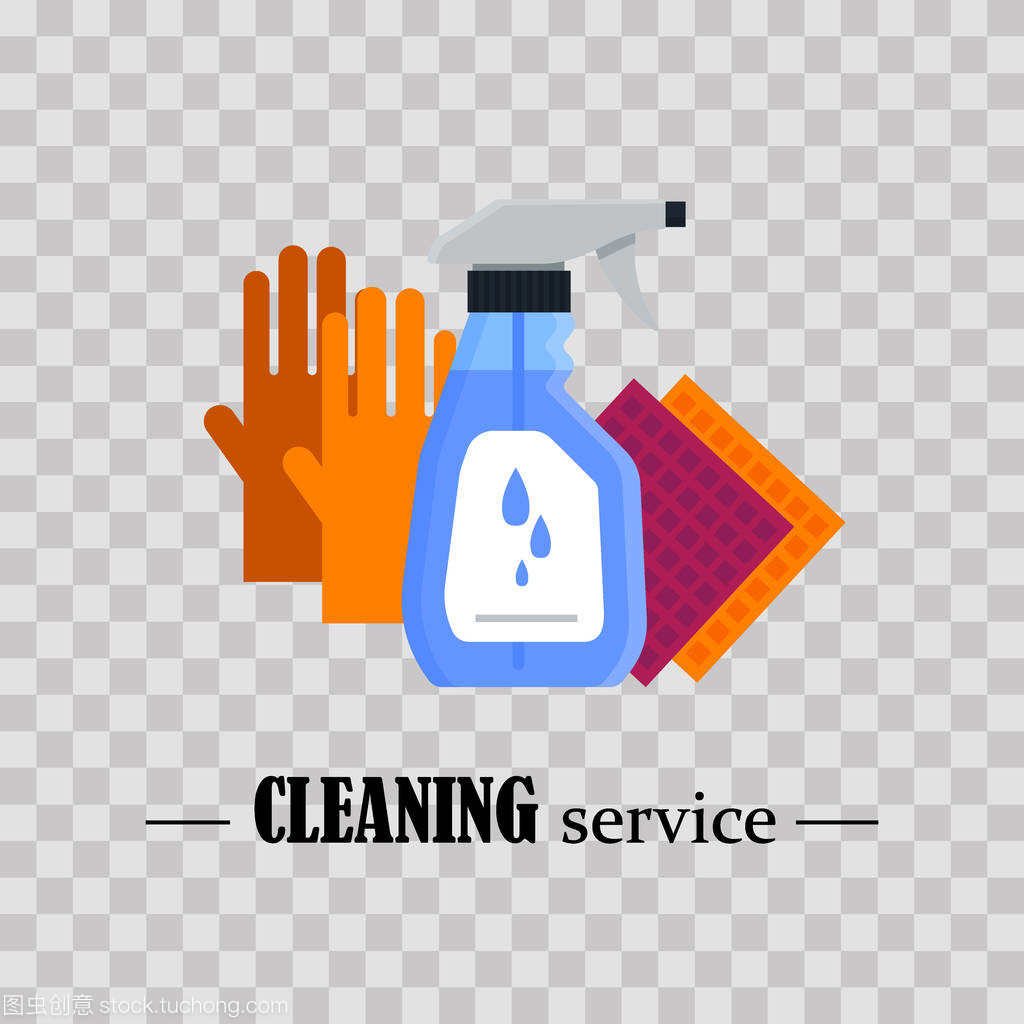 清潔服務。在透明的背景上設置房屋清潔工具。洗滌劑和消毒劑產品, 洗滌用家用設備. 平面矢量圖解